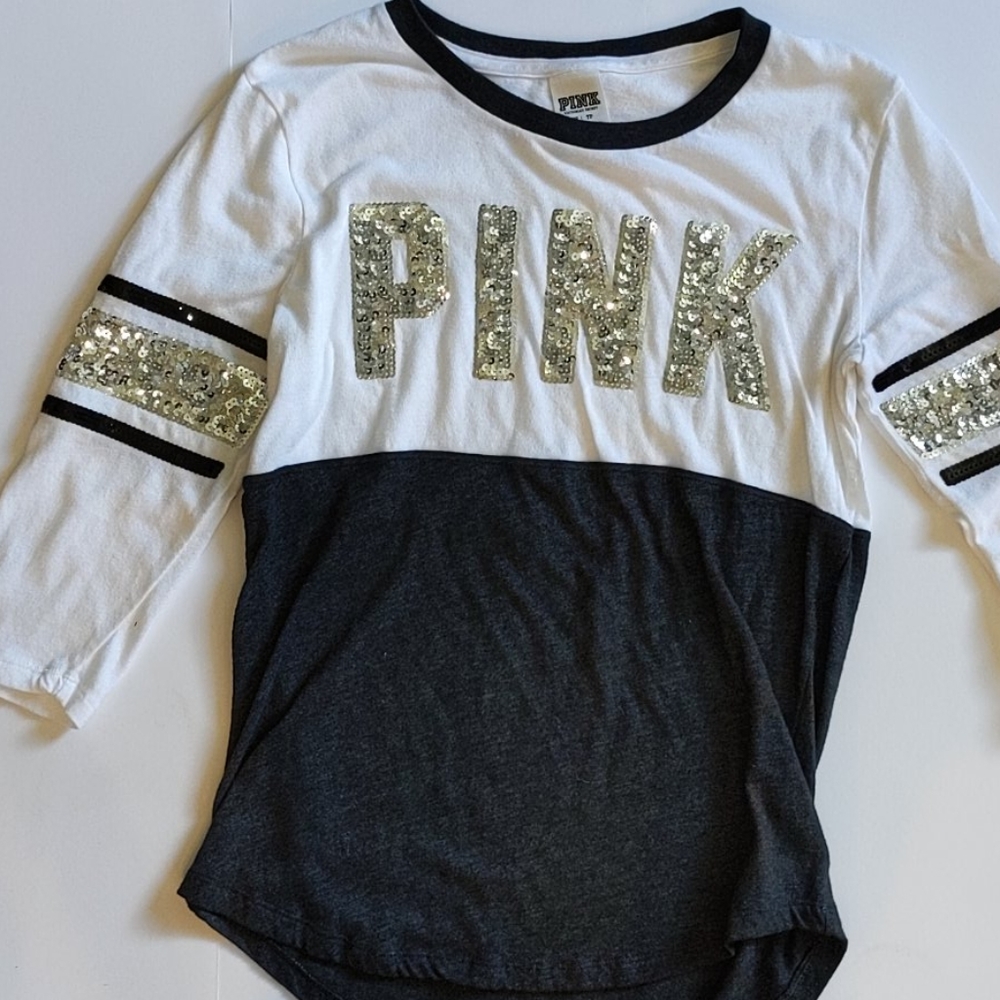 White, silver & black Pink 3/4 sleeve t-shirt